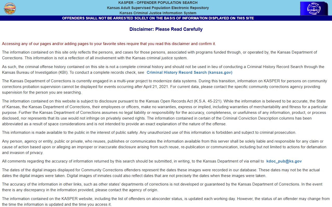 KASPER Kansas offender search disclaimer for Stevens County state inmate lookup